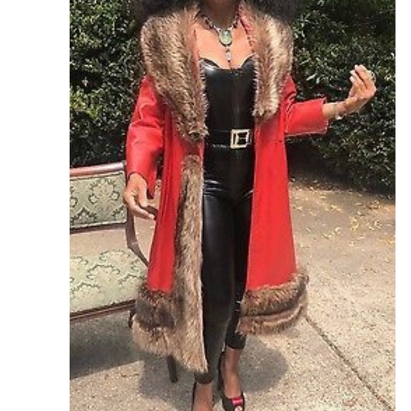 Vtg Designer Samuel Robert Lipstick red leather & Raccoon fur trim Jacket Coat S - Picture 7 of 12